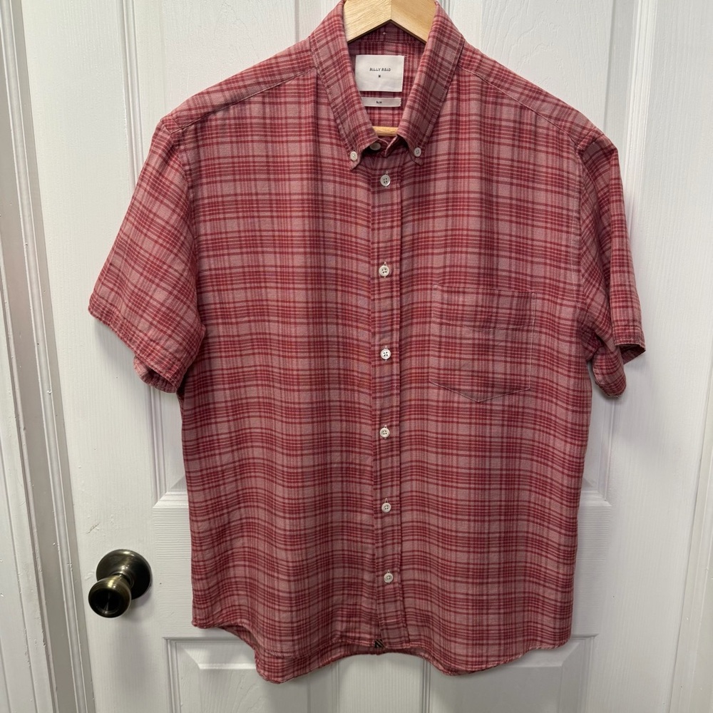 Billy Red Men’s Medium Slim Red Plaid Short Sleeve Button Down, light weight